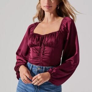 ASTR The Label Wine Red Milkmaid Balloon Sleeve Top Size M NWT